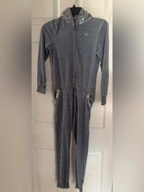 Justice Gray Velour One Piece Jumpsuit Hoodie with Shimmer Logo
